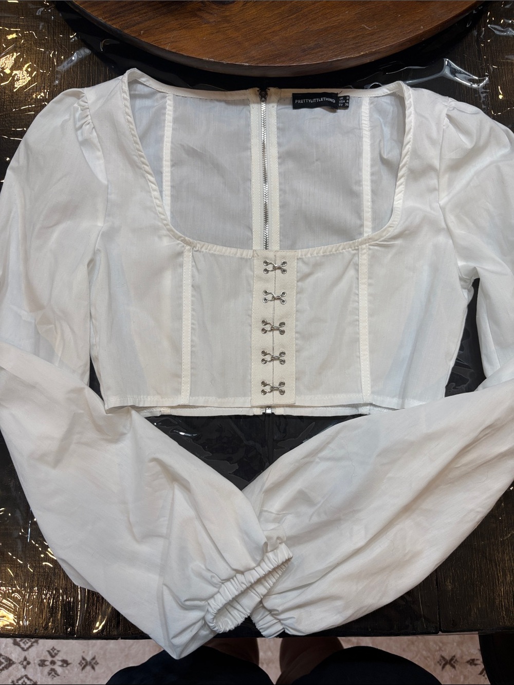 PrettyLittleThing White Long Sleeve Hook-Front Corset Crop Top